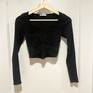 Zara Black Ribbed Long Sleeve Corset Crop Top S